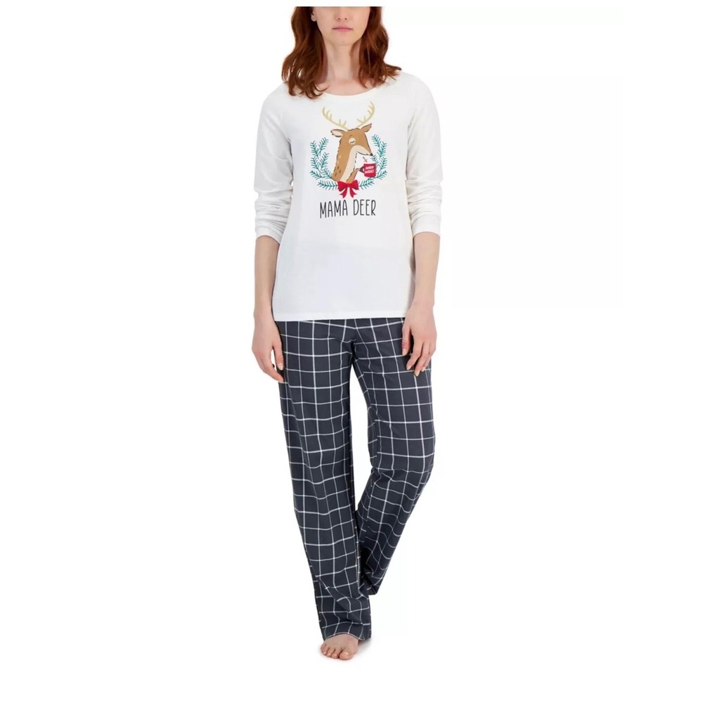 Women XS Mama Deer Reindeer Plaid 2PC Pajama Set Grey White